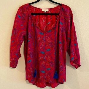 Umgee Women’s Tunic Top Medium Red Boho Paisley Floral Longline Peasant